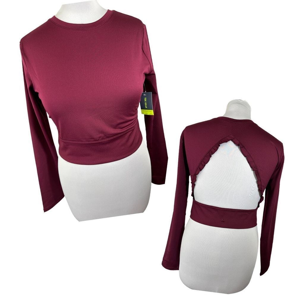 Tek Gear SZ L Women's NWT Ruffle Cut Out Long Sleeve Sangria Red Top